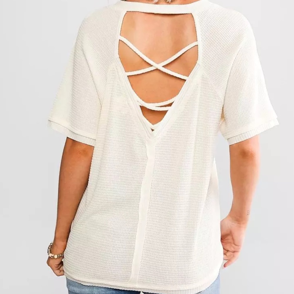 BKE Strappy Waffle Knit Top - Cream